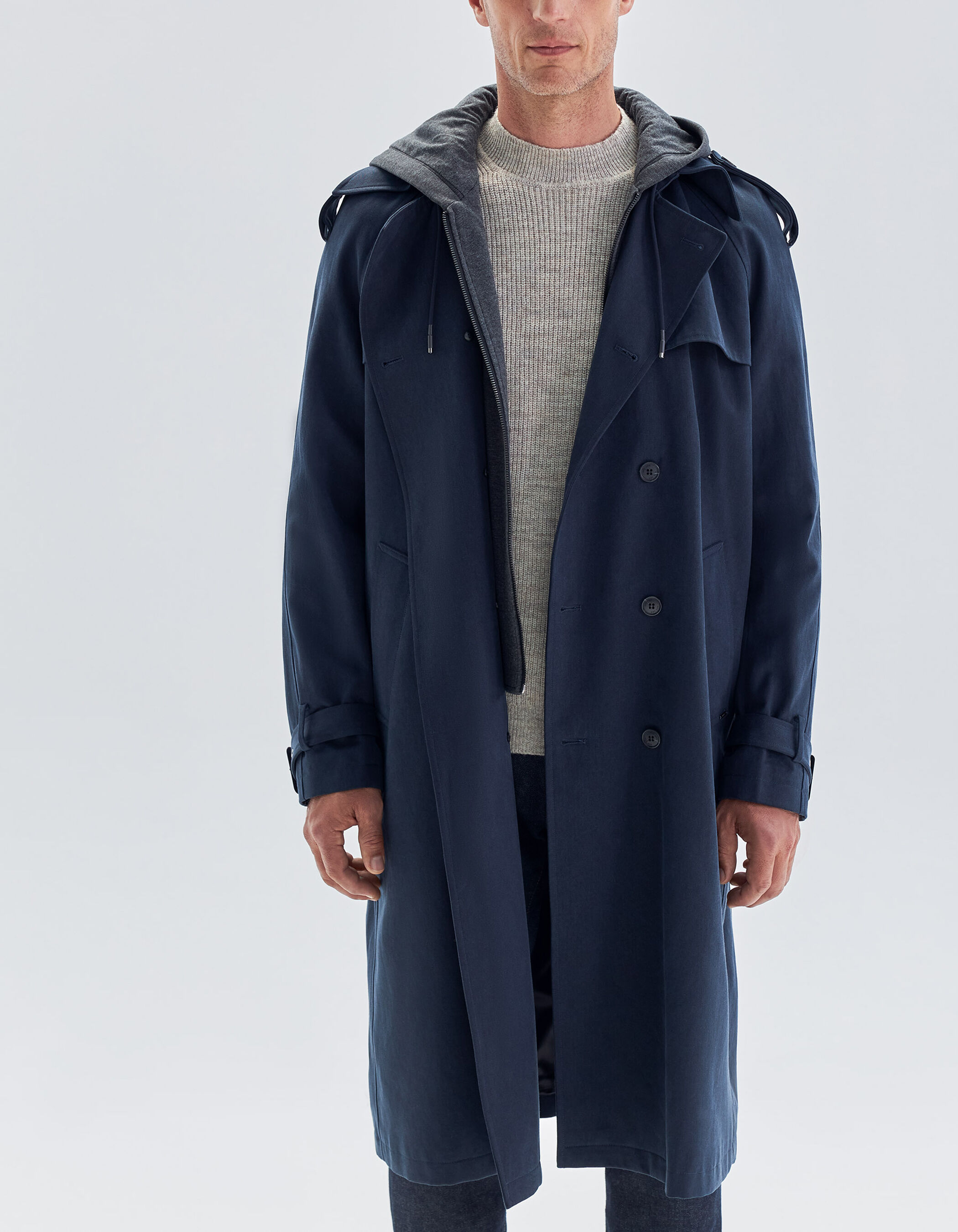 Men s dark navy long trench coat with grey hood facing