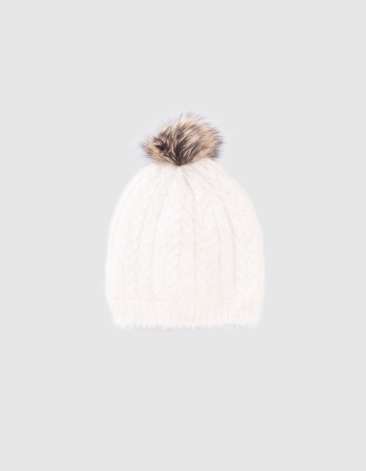Bonnet écru tricot lurex fourré à torsades bébé fille-3 Bonnet écru tricot lurex fourré à torsades bébé fille-3