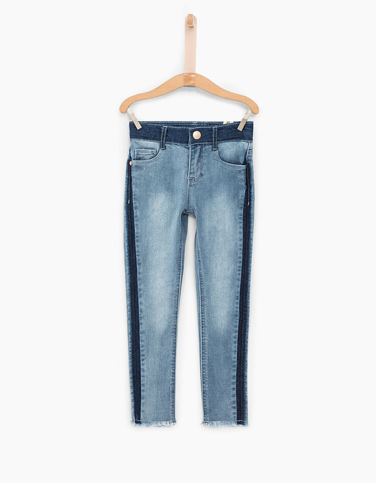 Jean skinny faded blue 7/8ème bas frangés fille-1