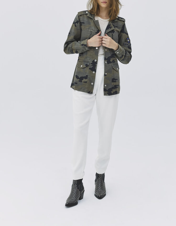 Women’s khaki camouflage denim safari jacket with badges-5