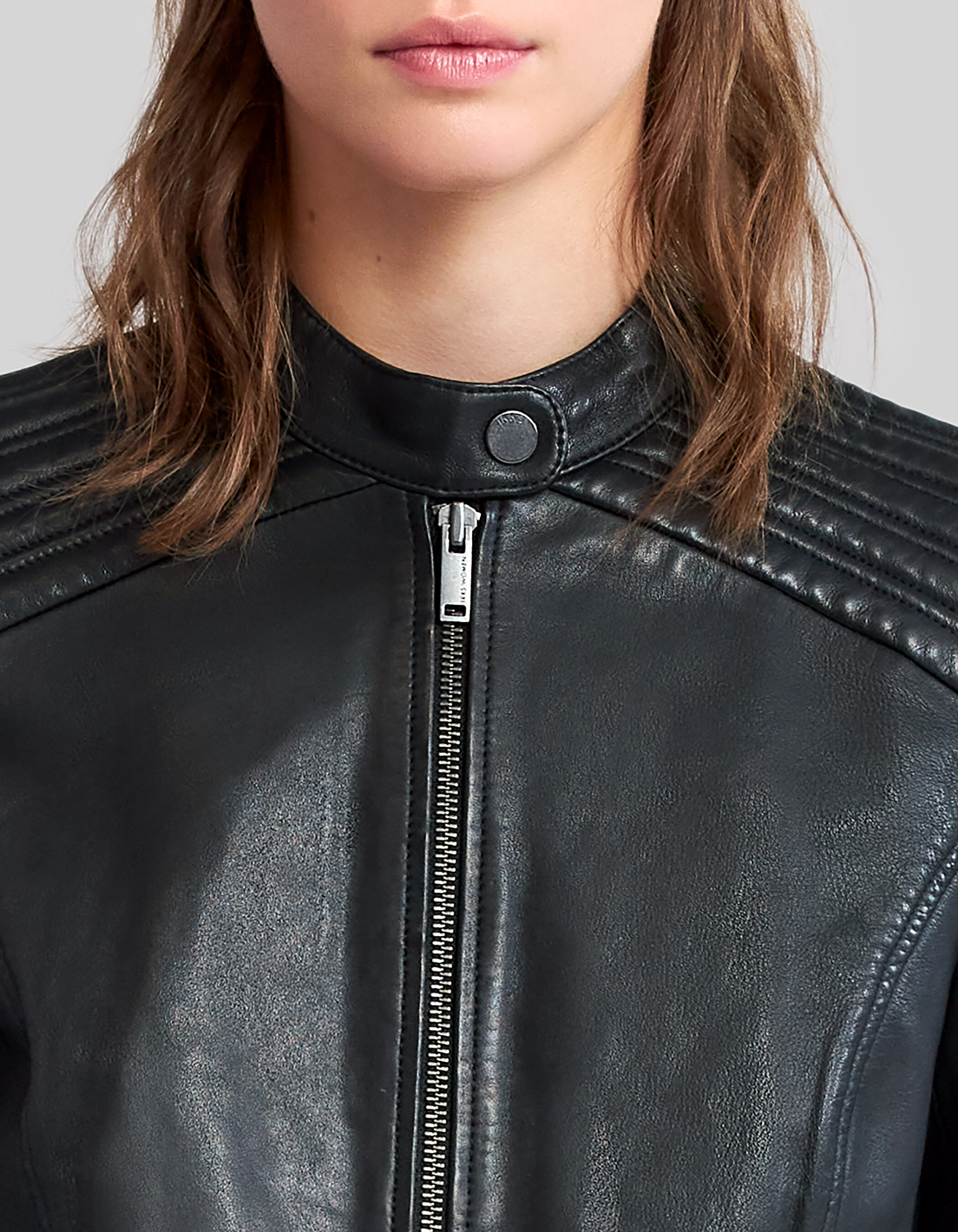 Women s black leather fitted jacket with quilted shoulders IKKS