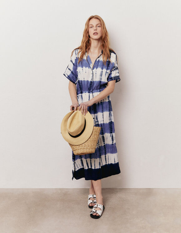 Women’s blue and white tie-dye front-buttoned long dress