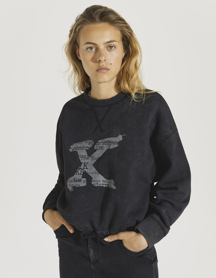 Sweat oversize en molleton noir visuel X iconique femme-1