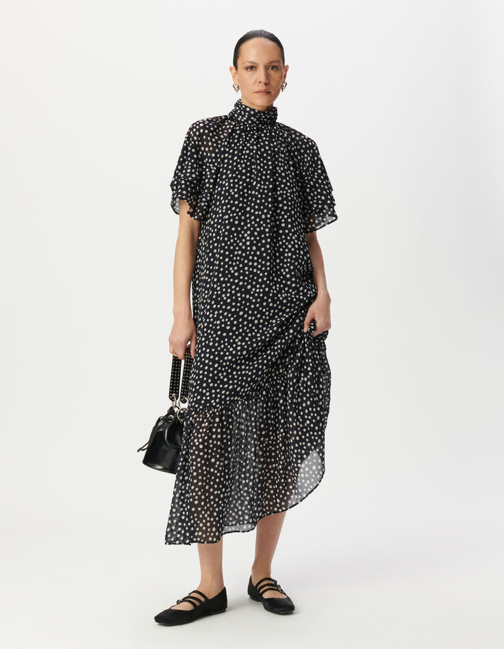 Women’s navy polka dot print long dress with draped collar-9