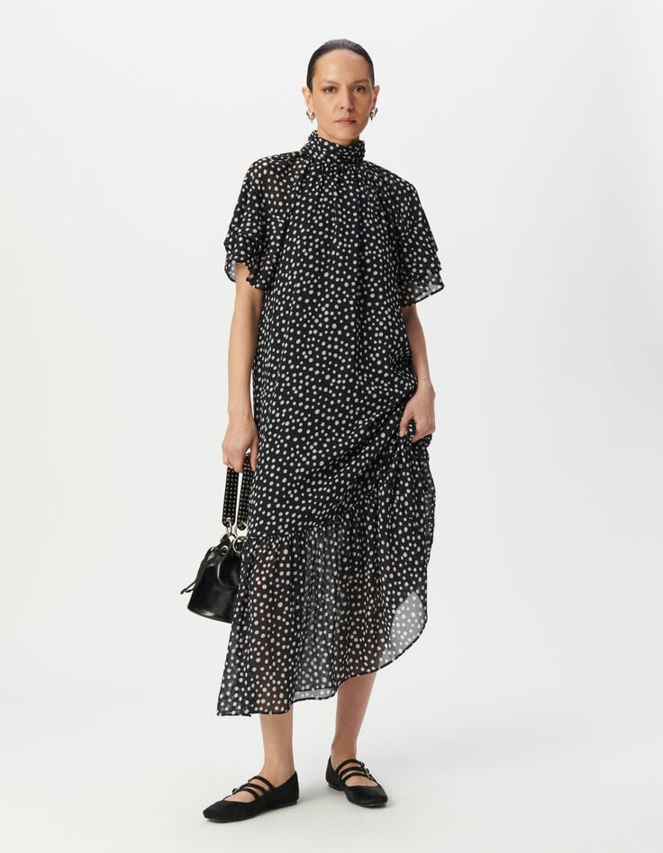 Robe longue marine imprimé pois col drapé Femme-9 Robe longue marine imprimé pois col drapé Femme-9