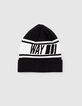 Boys’ black knit beanie with white stripes -1