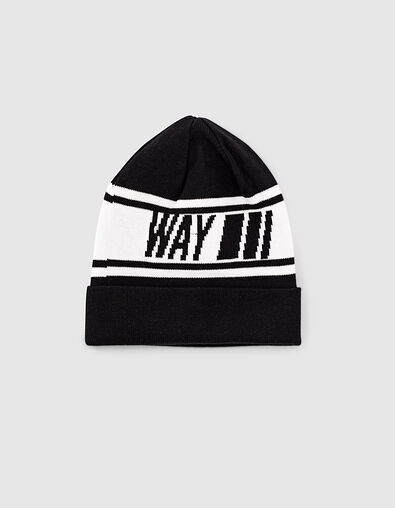Boys’ black knit beanie with white stripes  - IKKS