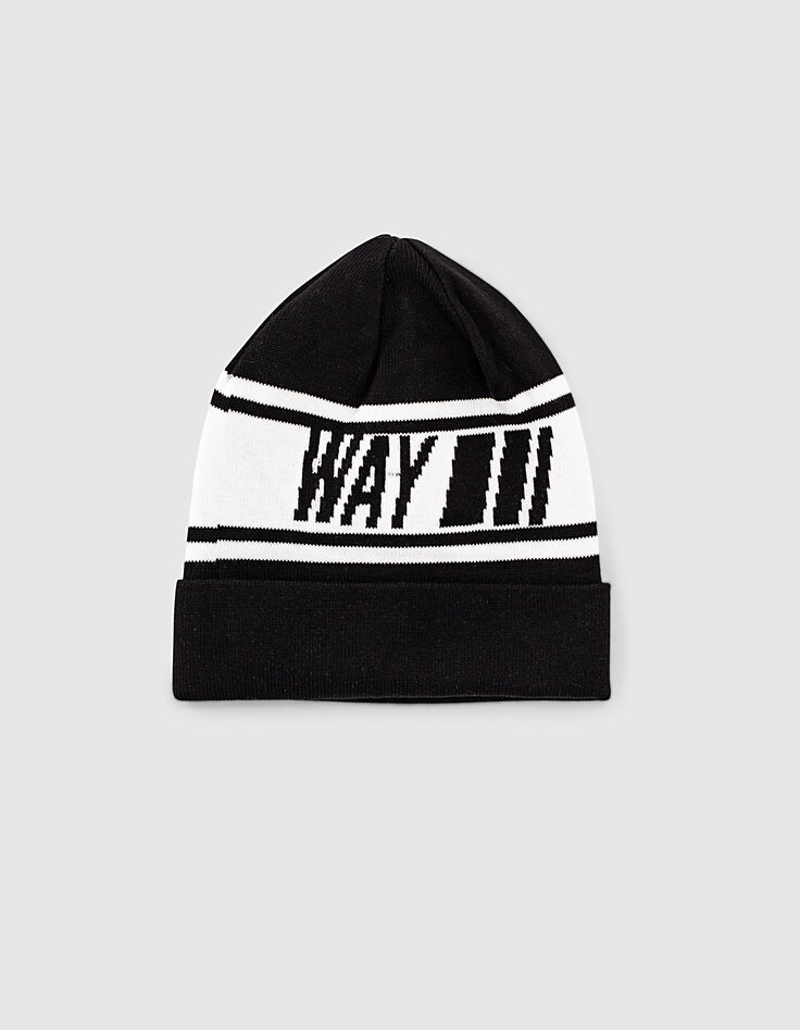 Boys’ black knit beanie with white stripes -1