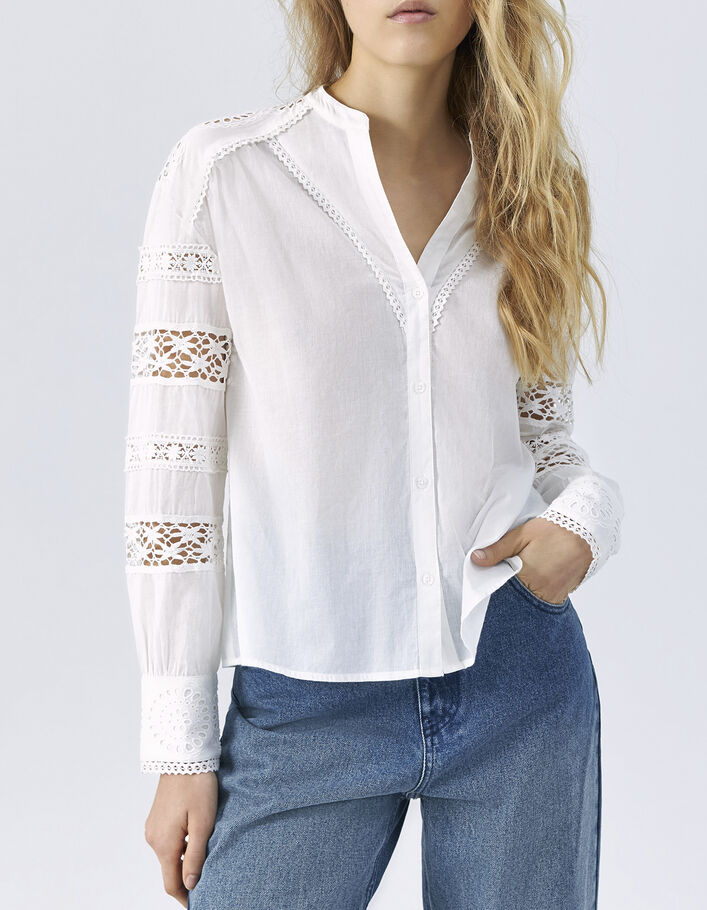 batalla verdad lila Blusa blanca algodón ecológico encaje mangas mujer