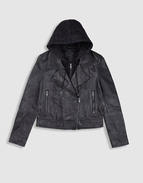 Schwarze Biker-Lederjacke für Damen mit abnehmbarer Frontblende - IKKS