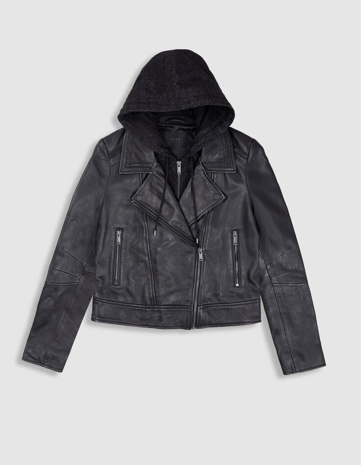 Women's black leather biker jacket with removable front panel-7