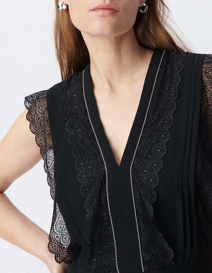 Robe longue noire pliss&eacute;e volants dentelle Femme-7