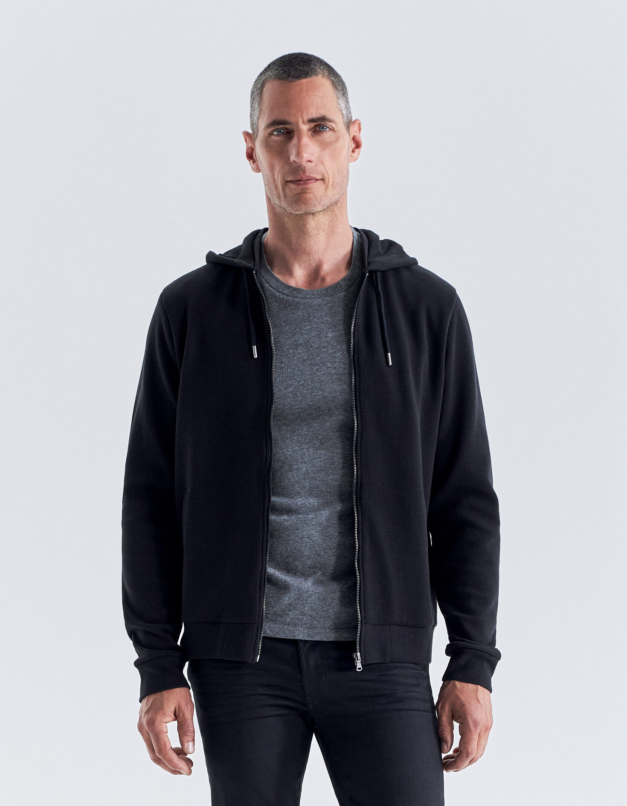 Men s black waffle knit hooded cardigan