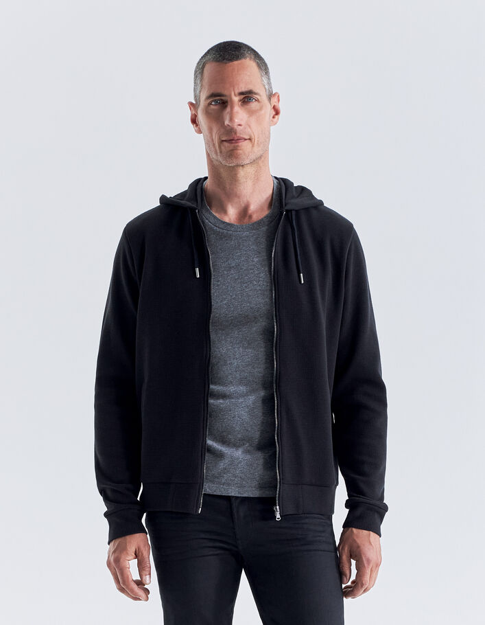 Cardigan noir nid d'abeille à capuche Homme-2