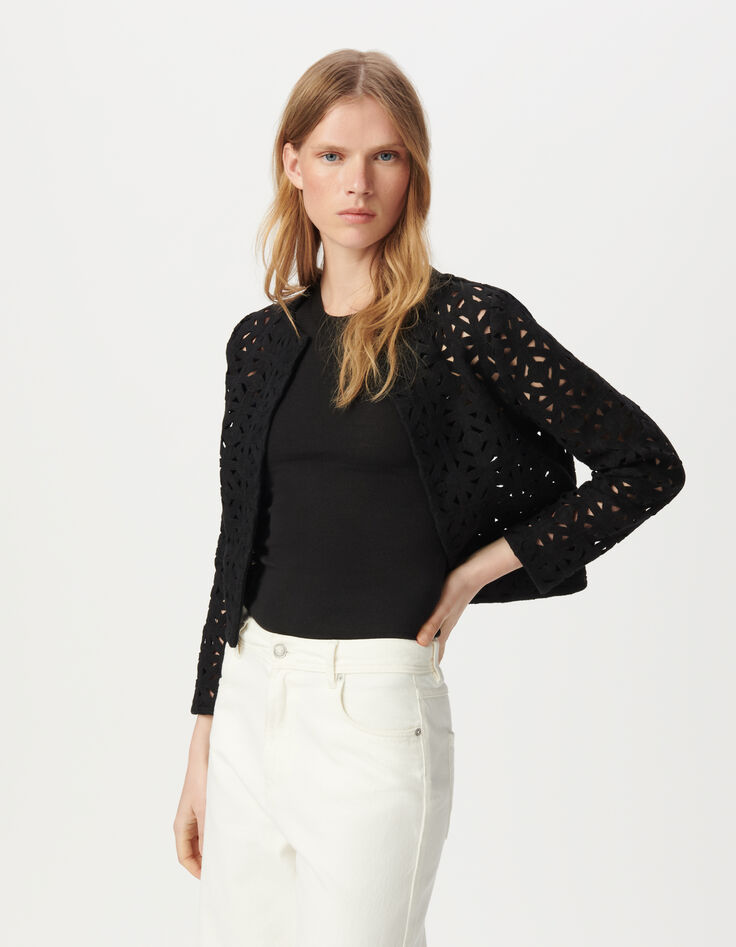 Schwarze Jacke mit offenem Makramee-Stil-2