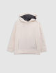 Boy's ecru hoodie, reflective sleeves, embossed slogan-1