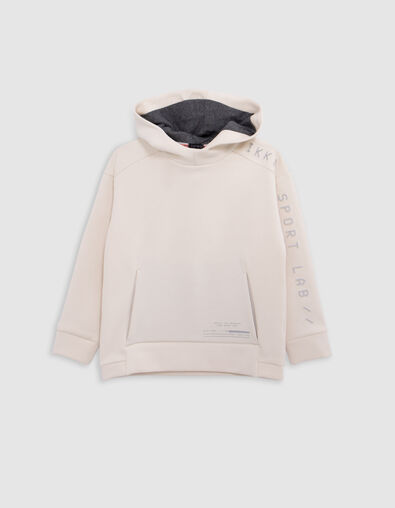 Boy's ecru hoodie, reflective sleeves, embossed slogan - IKKS