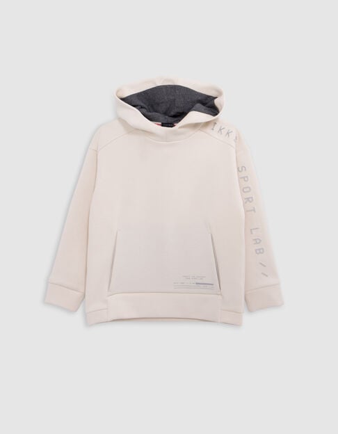 Boy's ecru hoodie, reflective sleeves, embossed slogan - IKKS
