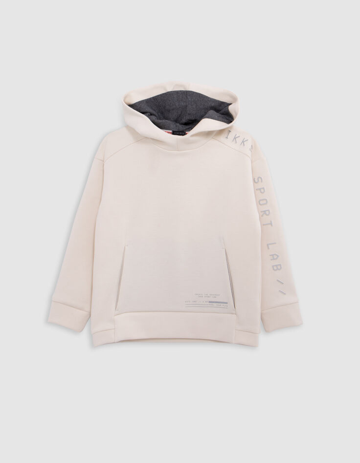 Boy's ecru hoodie, reflective sleeves, embossed slogan-1