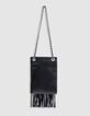 Phone bag noir cuir façon macramé frangé-2