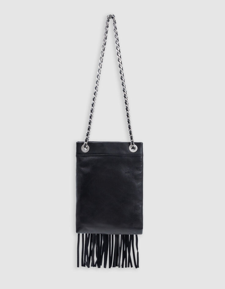 Phone bag noir cuir façon macramé frangé-2
