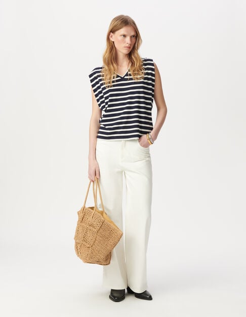 Tee-shirt marinière rayures marine et blanches épaulettes Femme - IKKS