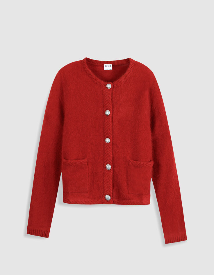 Cardigan rouge tricot mousseux 100% laine Femme-7