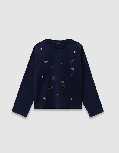 Marineblaues Mädchen-T-Shirt Stickereien und Strass - IKKS