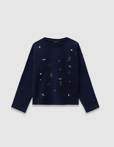 Marineblaues Mädchen-T-Shirt Stickereien und Strass - IKKS
