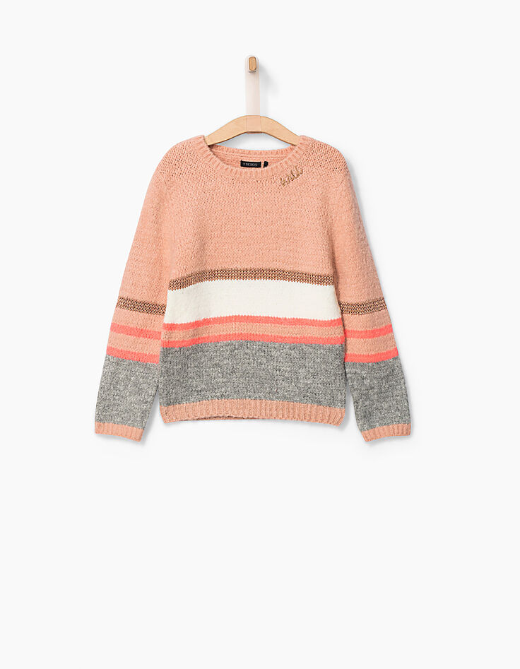 Pull rose à rayures rose fluo, blanc, gris fille-1 Pull rose à rayures rose fluo, blanc, gris fille-1