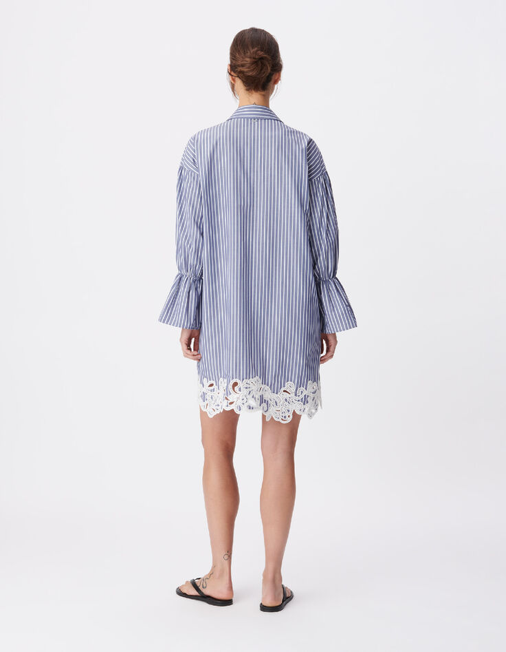 Blue striped shirt dress with lace for women-3