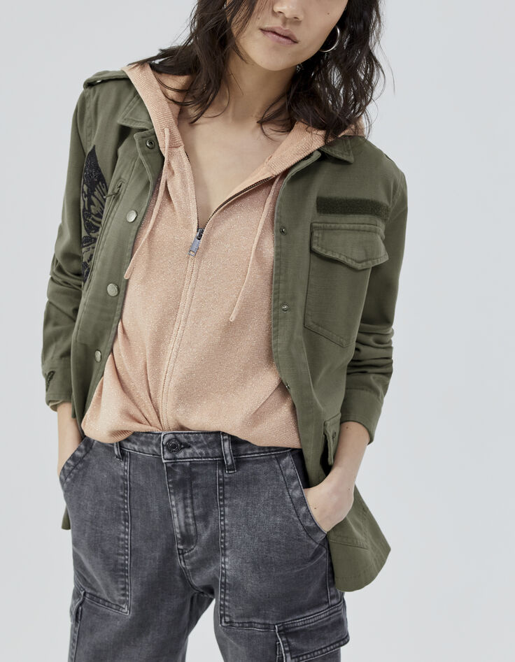 Damen-Safarijacke, Khaki, schwarzes Schmetterlingsmotiv-2