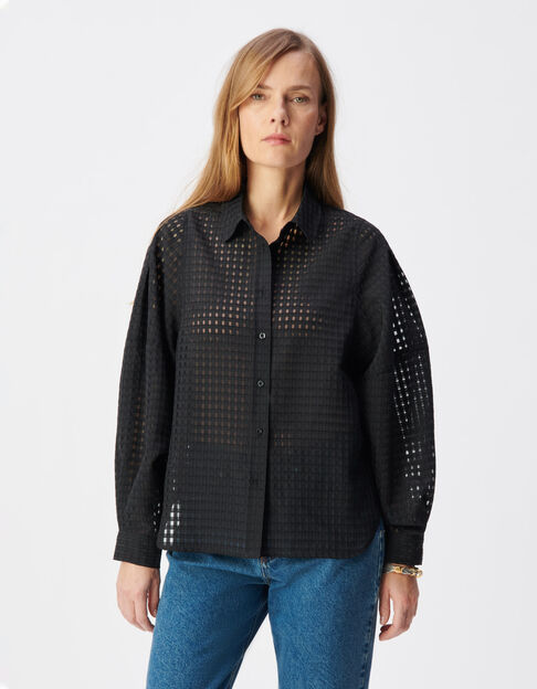 Dameshemd met zwart opengewerkt motief - IKKS