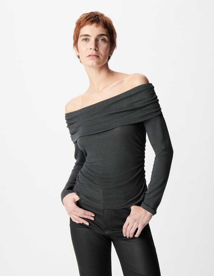 Graues Damen-T-Shirt mit Paillettenbesatz und Bustier-Ausschnitt-2