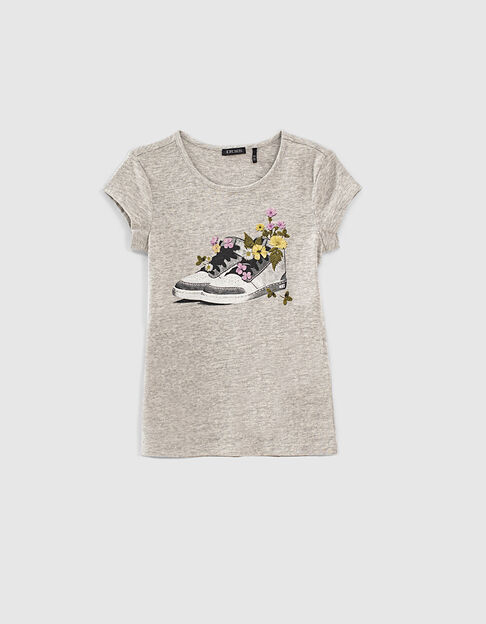 Girls’ medium-grey marl T-shirt with floral trainer image