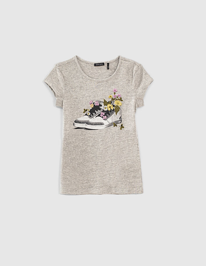 Girls’ medium-grey marl T-shirt with floral trainer image - IKKS