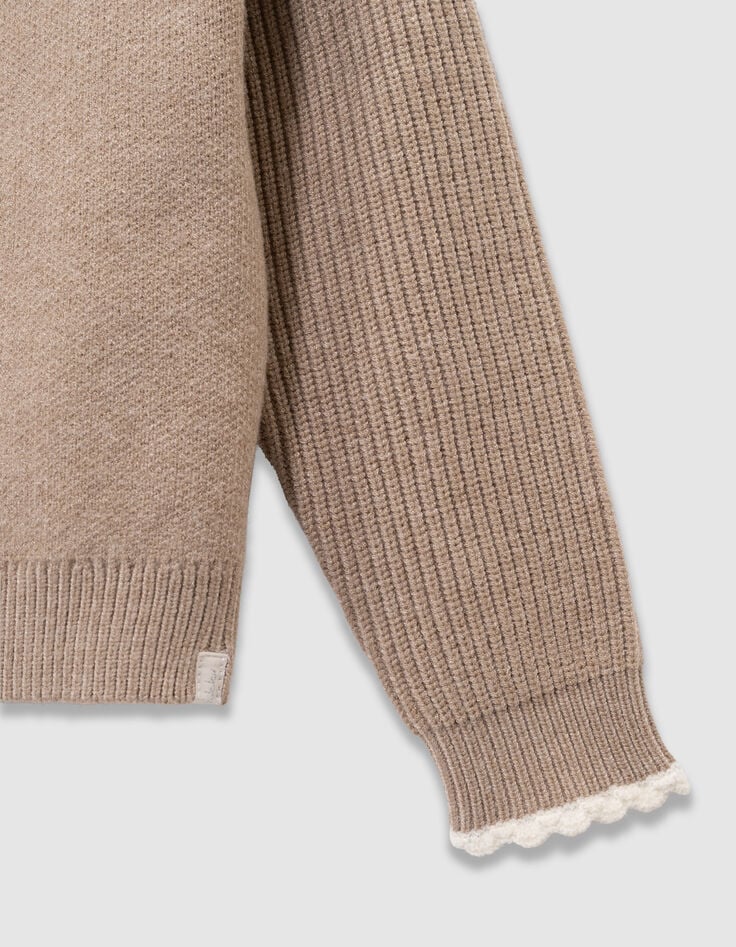 Cardigan beige tricot manches côtelées fille-7