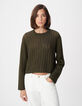 Pull manches longues kaki tricot ajour&eacute; Femme-2
