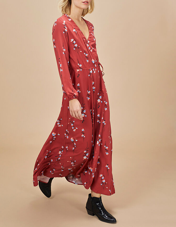 Robe longue cache-cœur grenat à imprimé fleurs I.Code-1