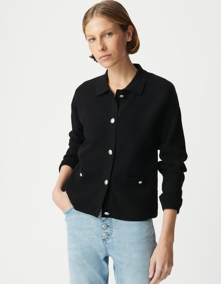 Cardigan noir loose tricot boutons métal gravé Femme-2