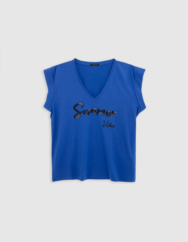 K&ouml;nigsblaues Damen-T-Shirt mit gestickter Perlenbotschaft-6