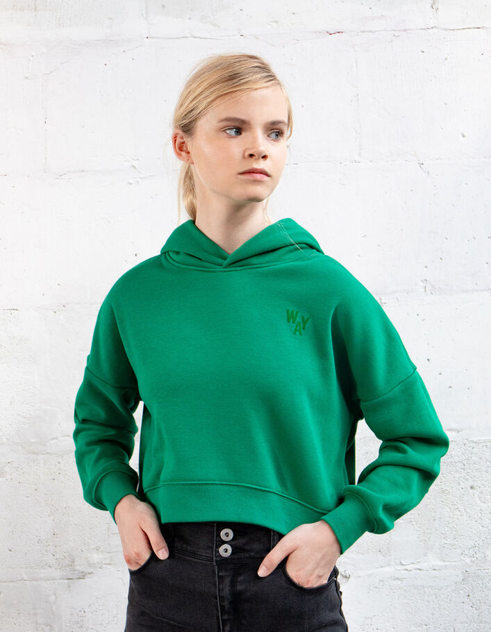 Grünes Crop-Mädchensweatshirt mit Flockierung hinten - IKKS