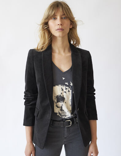 Schwarzer Damenveloursblazer mit Pattentaschen - IKKS
