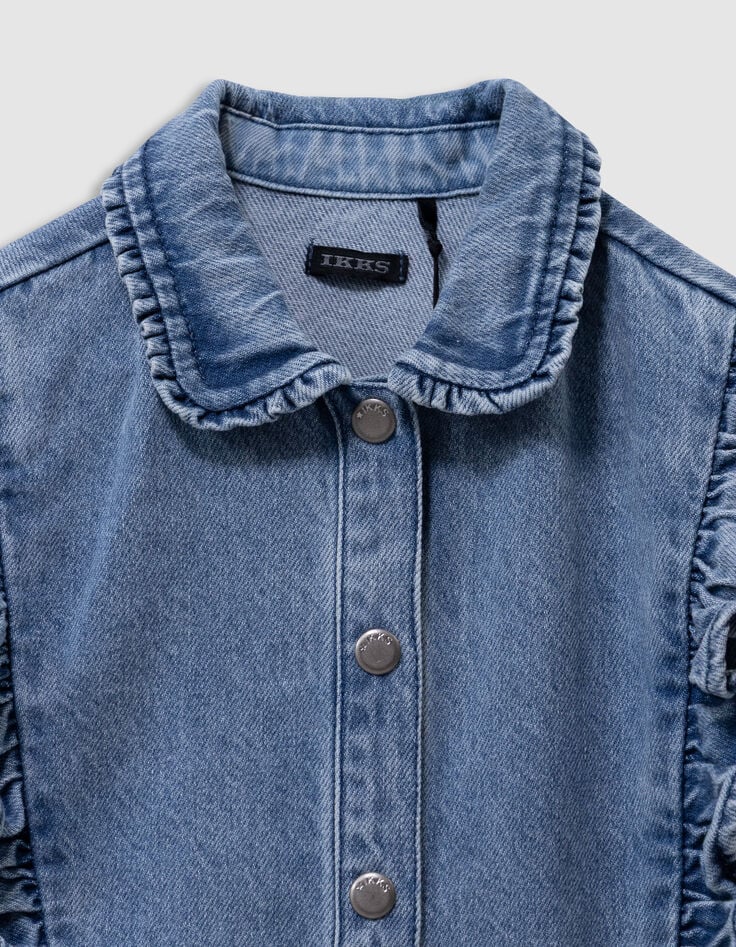 Robe en jean bleu ceinturée détails volants fille-2 Robe en jean bleu ceinturée détails volants fille-2
