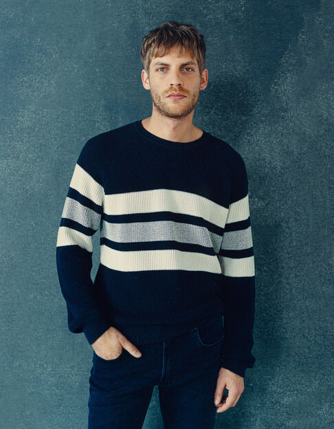 Men’s navy knit sweater with ecru stripes - IKKS