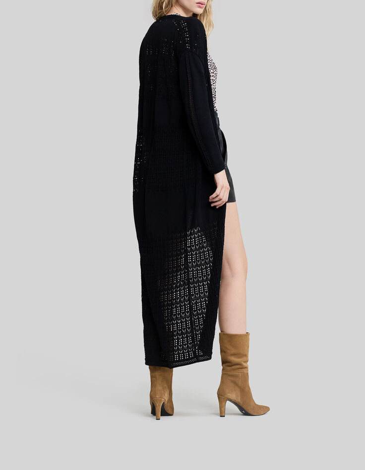 Zwart lang gebreid vest met ajourmesh Dames-8