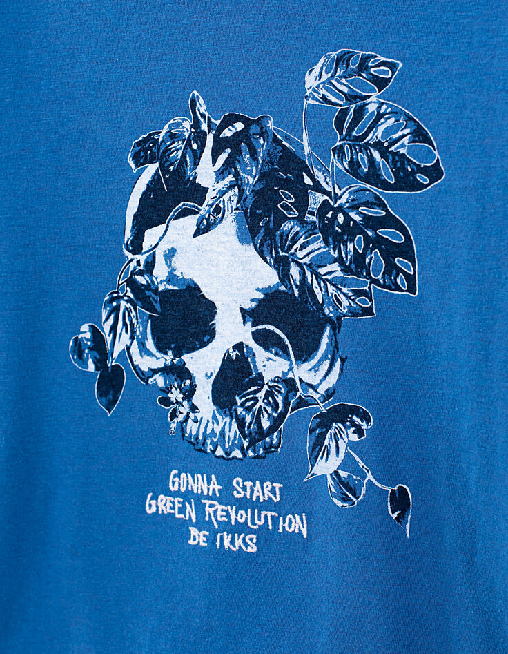 Camiseta azul medio orgánico calavera vegetal niño -4
