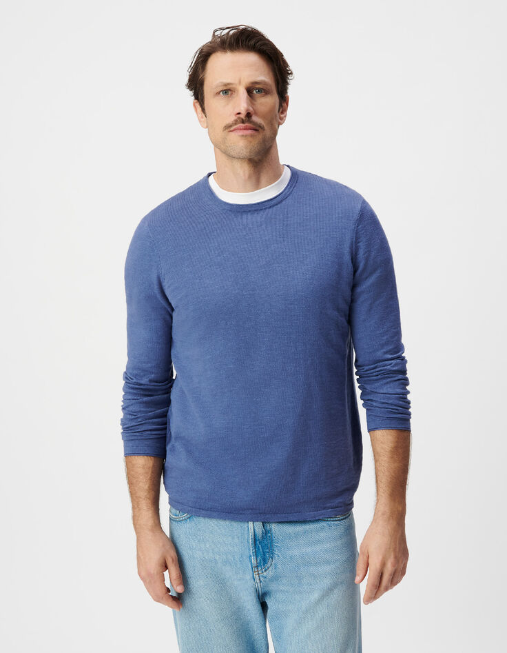 Men's blue organic cotton fine knit flamed sweater-1