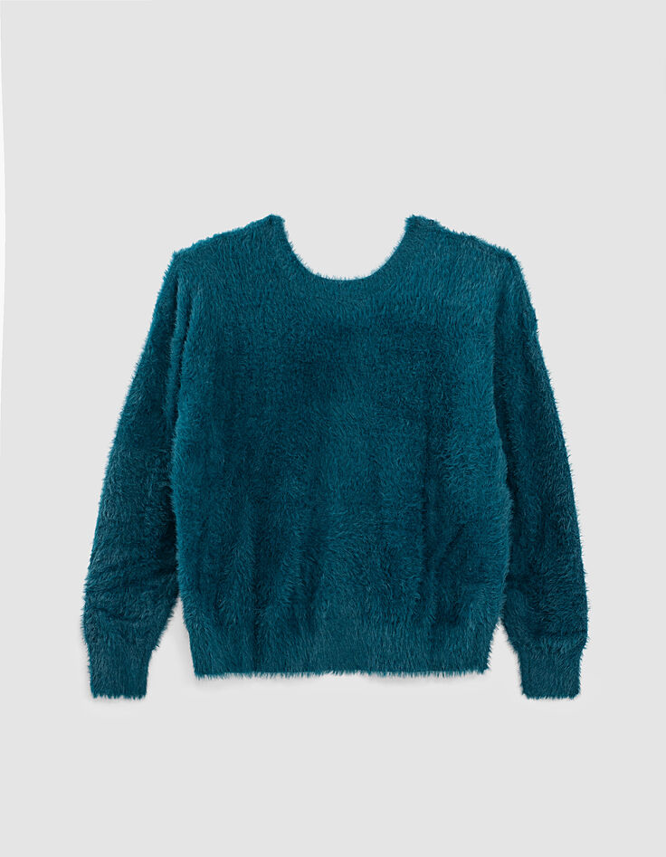 Pull col V coloris granit maille effet poilu femme-3