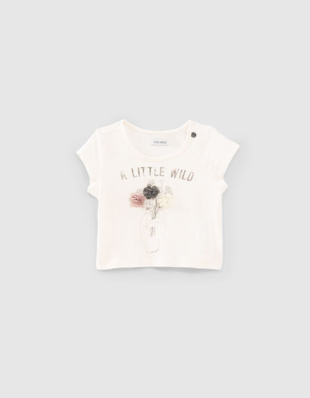 Ecrufarbenes Babymädchen-Bio-T-Shirt mit 3-D-Blumen